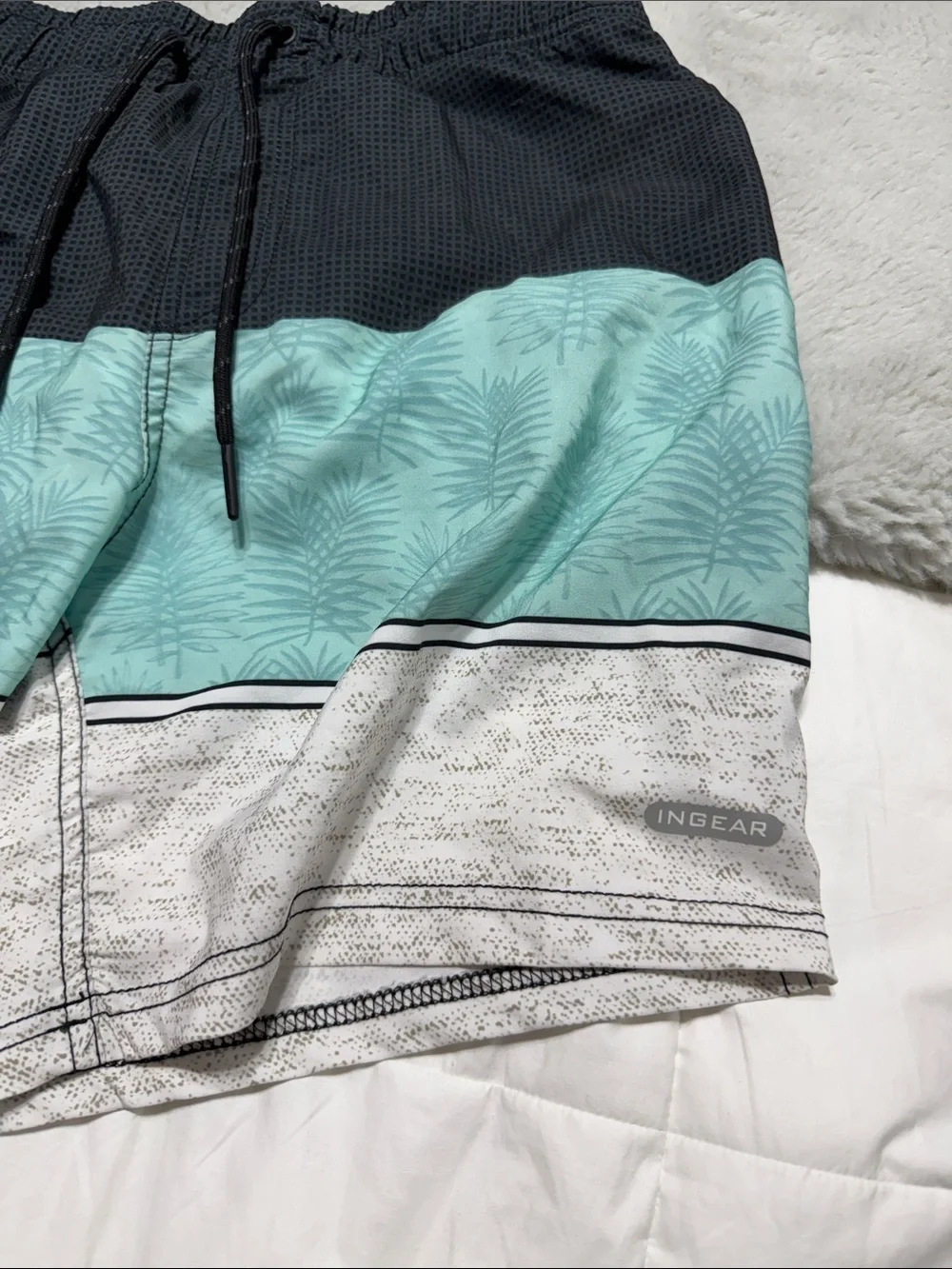 Ingear Men’s Black, Teal & Light Gray Palm-Stripe Swim Trunks